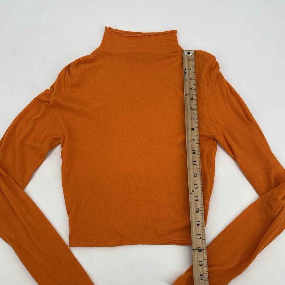 Zara Size L Ruched Long Sleeve Knit Cropped Top Orange Mock Neck Viscose Linen - Picture 7 of 12
